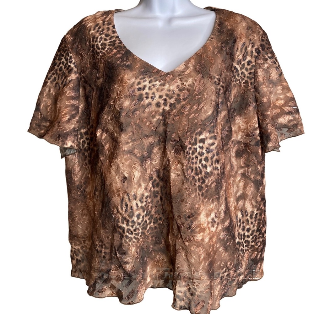 VTG 90s Giulia Brown Leopard Print Sheer‎ Overlay Blouse 22WP  Flowy Statement